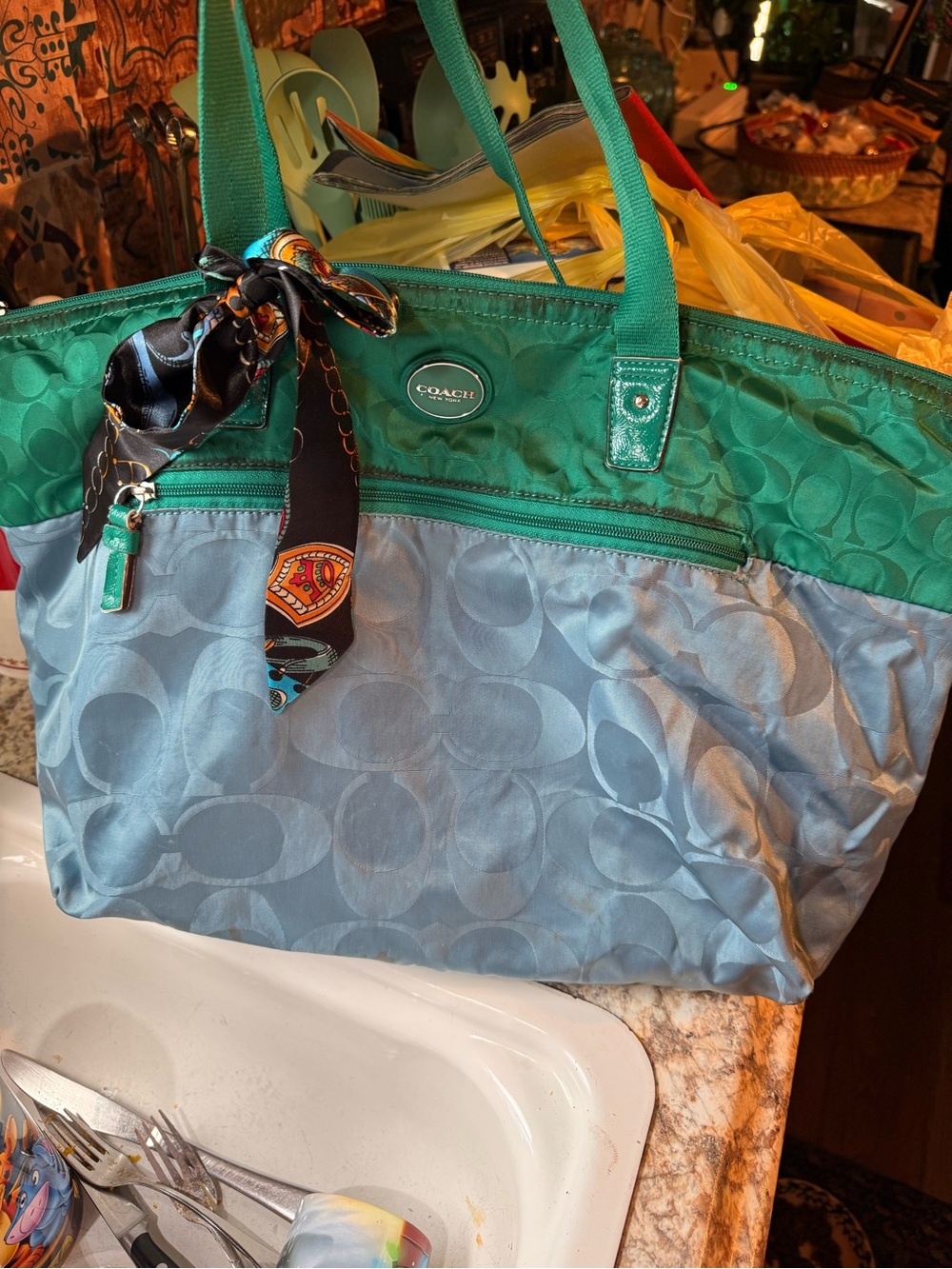 Coach teal Canvas Tote with Teal Leather Trim